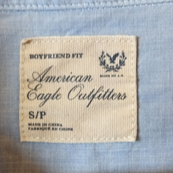 Classic ruffle button down academia white stitching boyfriend fit light blue S - Picture 5 of 8